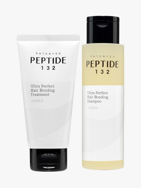 Cosrx Peptide 132 Hair Bonding Shampoo and Hair Bonding Treatment in branded components on a light gray background